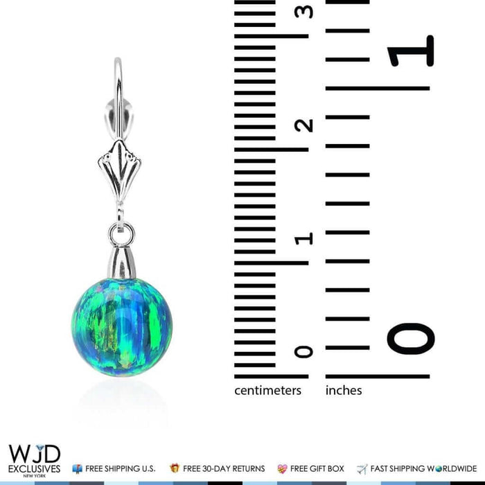 6mm-10mm Ball Blue Green Fire Opal Leverback Dangle Earrings 14K White Gold