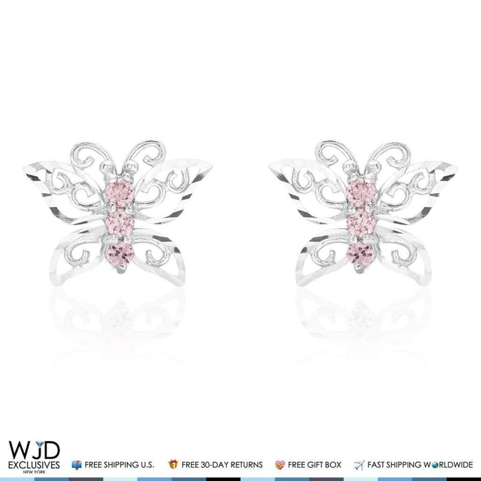 14K White Gold Diamond-Cut Pink Tourmaline Butterfly Screw Back Stud Kid Earrings