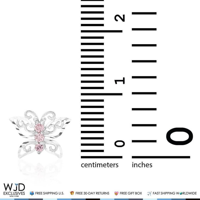 14K White Gold Diamond-Cut Pink Tourmaline Butterfly Screw Back Stud Kid Earrings