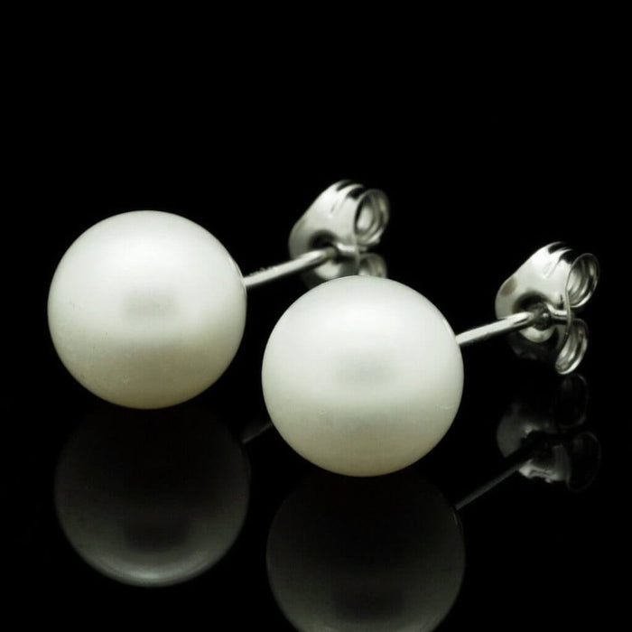 14K White Gold Cultured 6mm White Pearl Stud Earrings