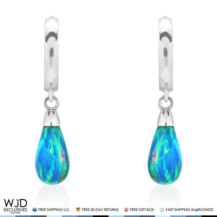 14K White Gold Pear Shaped Blue Green Fire Opal Huggie Hoop Dangle Earrings 1"
