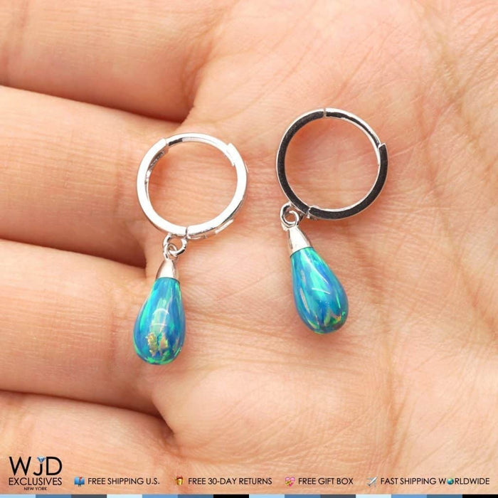 14K White Gold Pear Shaped Blue Green Fire Opal Huggie Hoop Dangle Earrings 1"