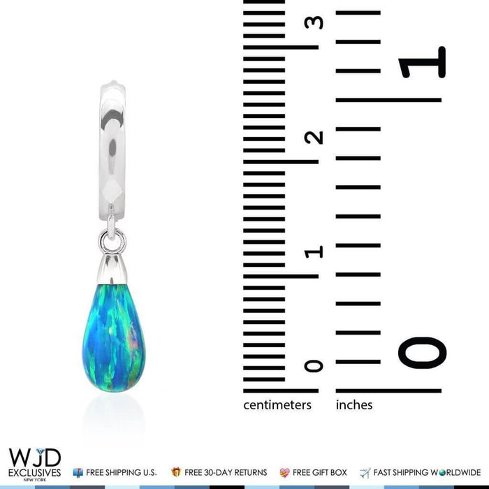 14K White Gold Pear Shaped Blue Green Fire Opal Huggie Hoop Dangle Earrings 1"