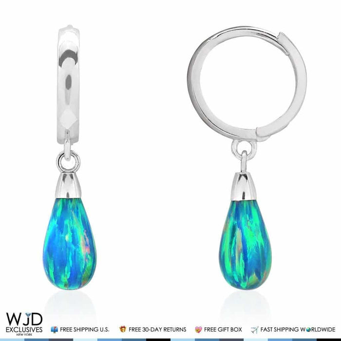14K White Gold Pear Shaped Blue Green Fire Opal Huggie Hoop Dangle Earrings 1"