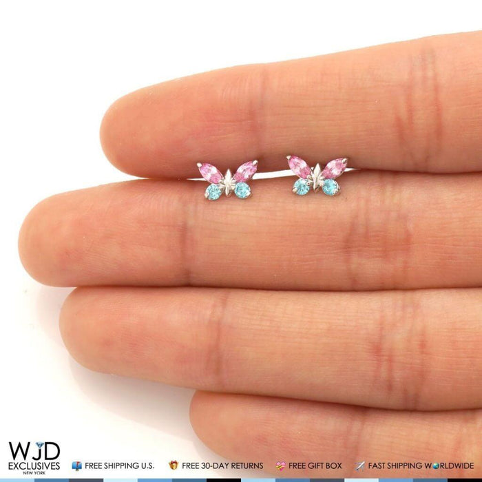 14K White Gold Pink Tourmaline & Blue Topaz Butterfly Screw Back Stud Earrings