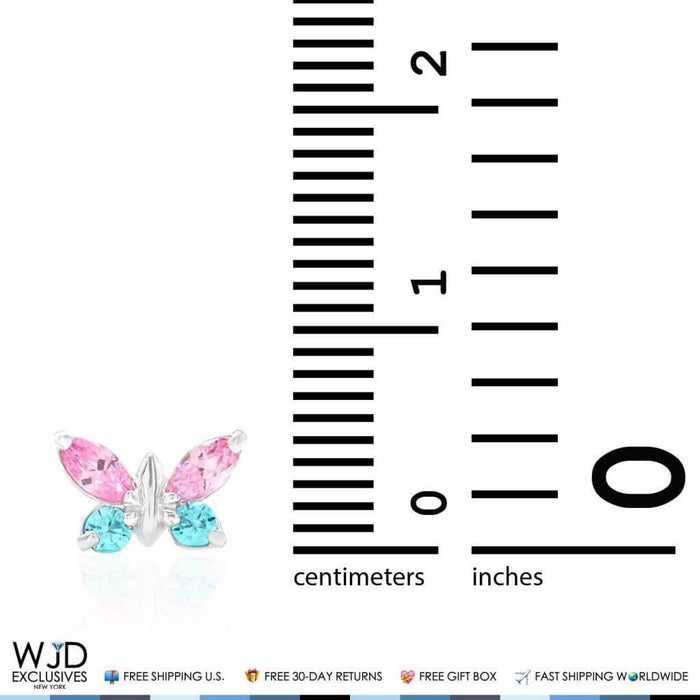 14K White Gold Pink Tourmaline & Blue Topaz Butterfly Screw Back Stud Earrings