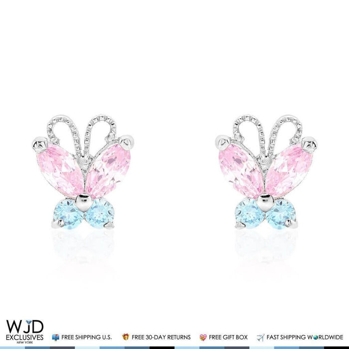 14K White Gold Pink Tourmaline Blue Topaz Butterfly Screw Back Stud Earrings