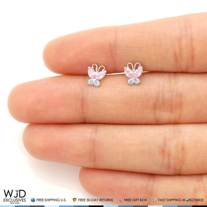 14K White Gold Pink Tourmaline Blue Topaz Butterfly Screw Back Stud Earrings