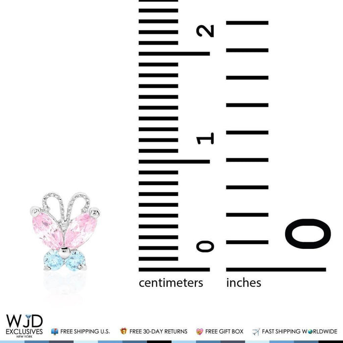 14K White Gold Pink Tourmaline Blue Topaz Butterfly Screw Back Stud Earrings