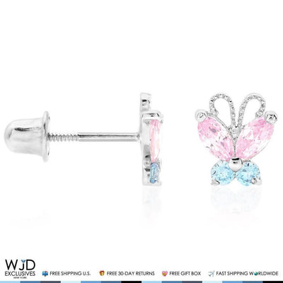 14K White Gold Pink Tourmaline Blue Topaz Butterfly Screw Back Stud Earrings