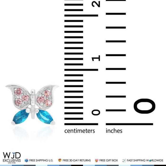 14K White Gold Pink Tourmaline & Blue Topaz Butterfly Screw Back Stud Earrings