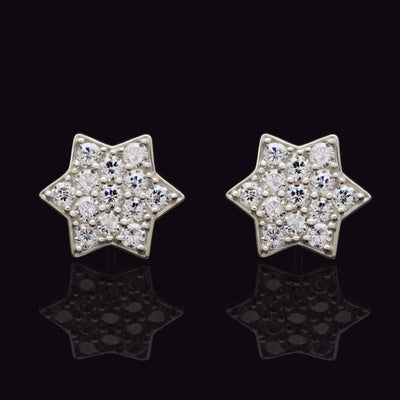 14K White Gold Star of David Studs Earrings 0.80Ct Round-Cut CZ