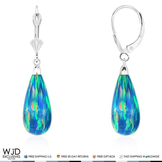 14k White Gold Fire Opal Teardrop  Leverback Earrings 1.5"
