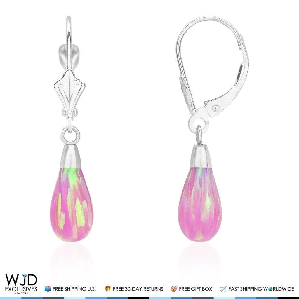 14k White Gold Fire Opal Teardrop  Leverback Earrings 1.1"