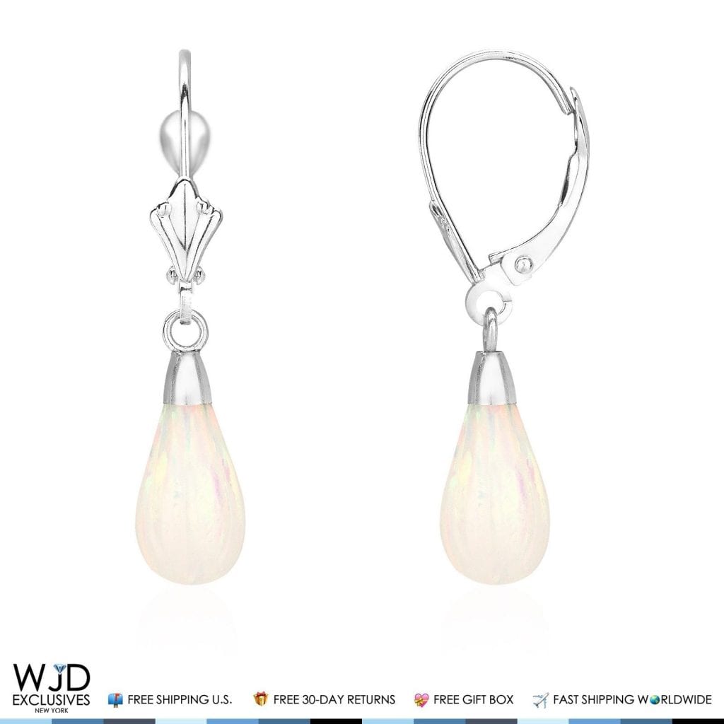 14k White Gold Fire Opal Teardrop  Leverback Earrings 1.1"