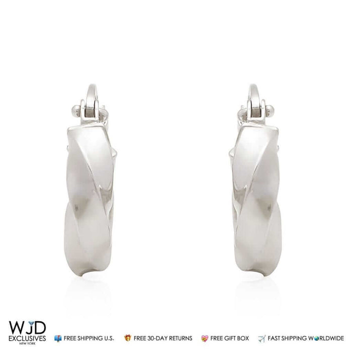14K White Gold Twisted Hoop Round Earrings 13mm
