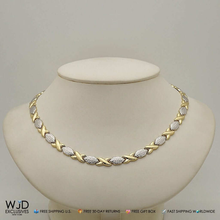 14K Two-Tone Gold Diamond-Cut Hugs & Kisses XO Necklace (Hollow) 17"