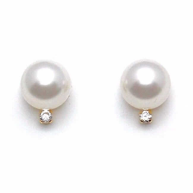 14K Yellow Gold 0.05Ct CZ Cultured Pearl Stud Earrings 7mm-8mm