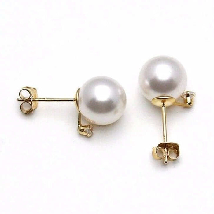 14K Yellow Gold 0.05Ct CZ Cultured Pearl Stud Earrings 7mm-8mm