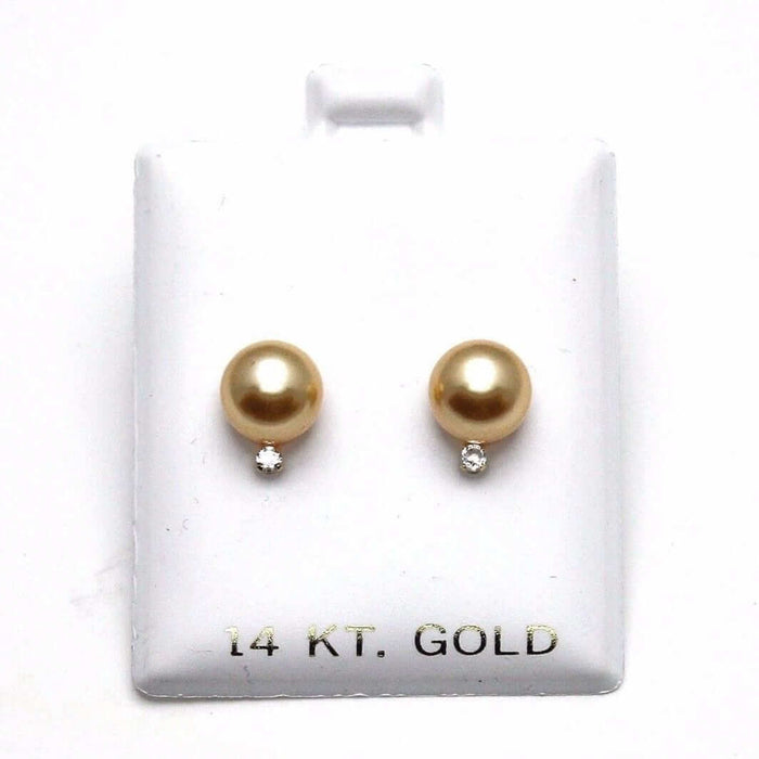 14K Yellow Gold 0.05Ct CZ Cultured Pearl Stud Earrings 7mm-8mm