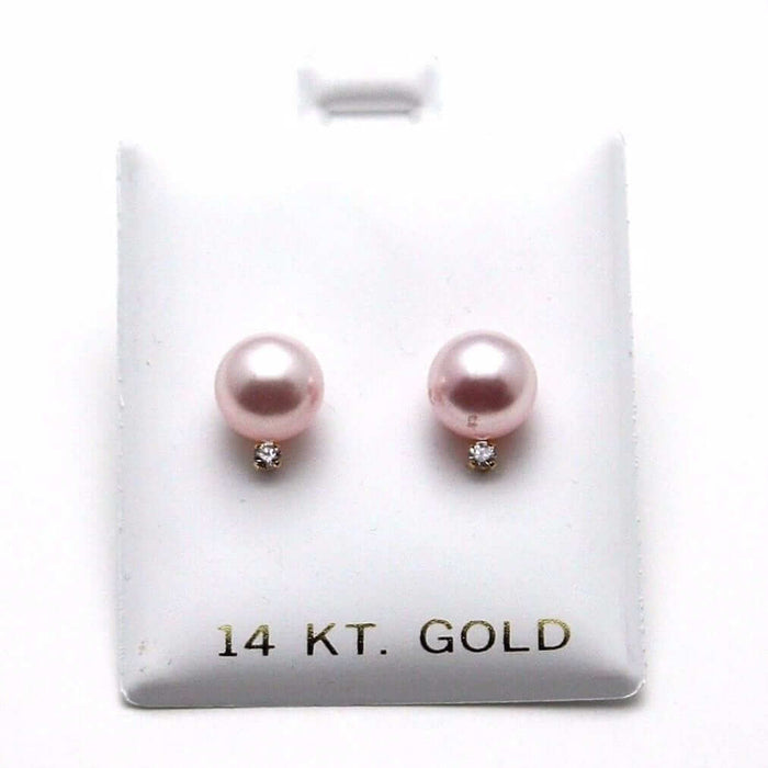 14K Yellow Gold 0.05Ct CZ Cultured Pearl Stud Earrings 7mm-8mm