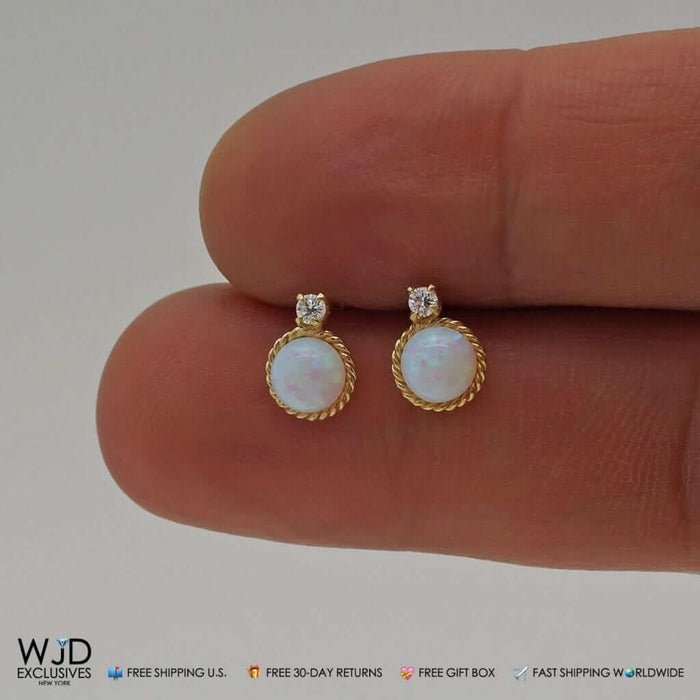 .05CTW CZ 14K Yellow Gold Bezel Rope White Opal Stud Earrings
