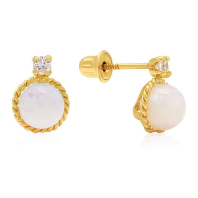 .05CTW CZ 14K Yellow Gold Bezel Rope White Opal Stud Earrings