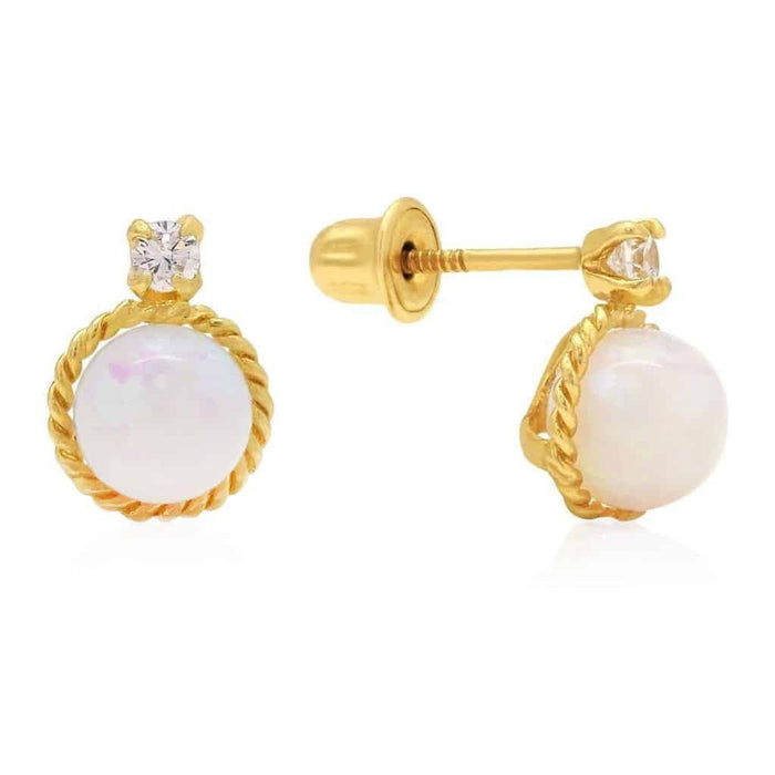 .05CTW CZ 14K Yellow Gold Bezel Rope White Opal Stud Earrings