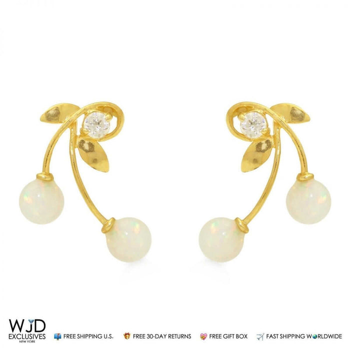 14K Yellow Gold 0.10Ct Round CZ Fire Opal Cherry Stud Earrings