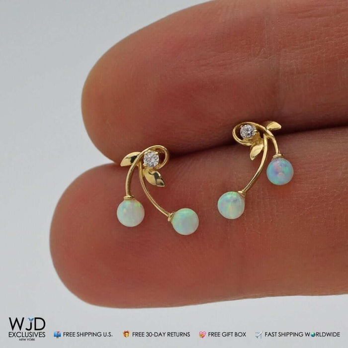 14K Yellow Gold 0.10Ct Round CZ Fire Opal Cherry Stud Earrings
