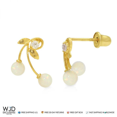 14K Yellow Gold 0.10Ct Round CZ Fire Opal Cherry Stud Earrings