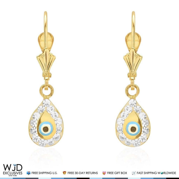14K Yellow Gold CZ Evil Eye TearDrop Dangle Leverback Earrings 1"