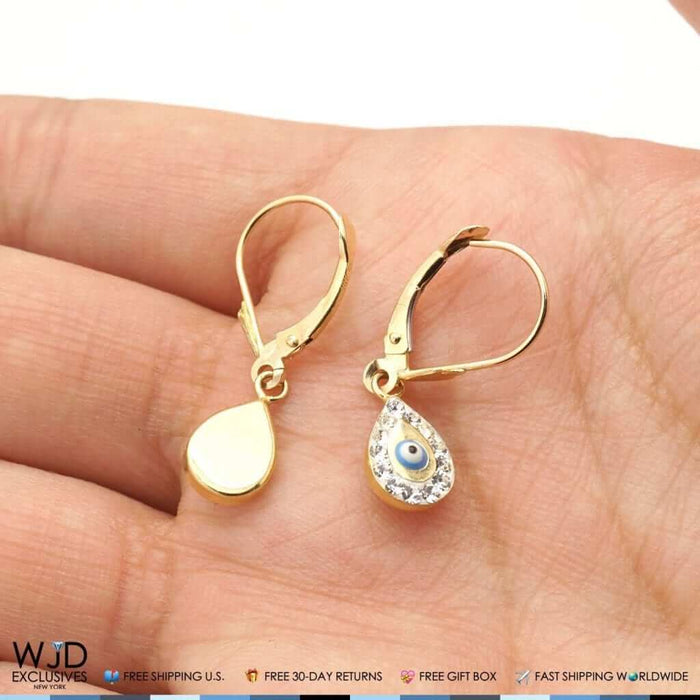 14K Yellow Gold CZ Evil Eye TearDrop Dangle Leverback Earrings 1"