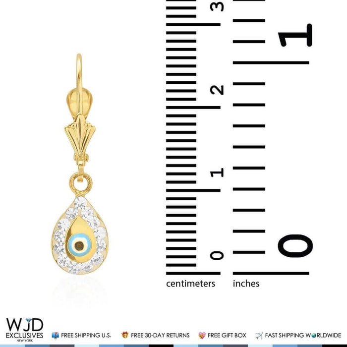 14K Yellow Gold CZ Evil Eye TearDrop Dangle Leverback Earrings 1"