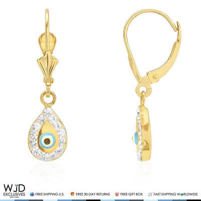 14K Yellow Gold CZ Evil Eye TearDrop Dangle Leverback Earrings 1"