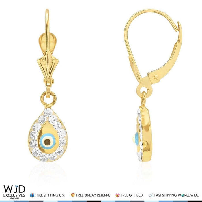 14K Yellow Gold CZ Evil Eye TearDrop Dangle Leverback Earrings 1"