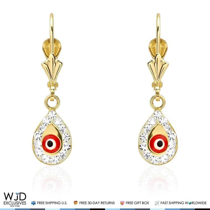 14K Yellow Gold CZ Evil Eye TearDrop Dangle Leverback Earrings