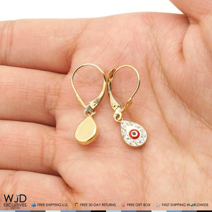 14K Yellow Gold CZ Evil Eye TearDrop Dangle Leverback Earrings