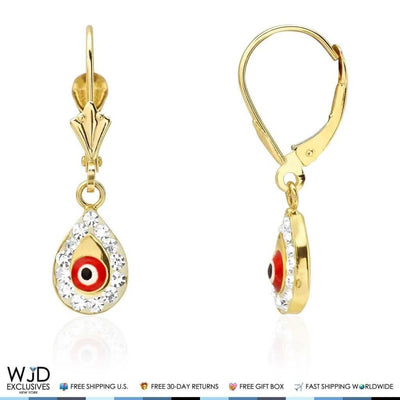 14K Yellow Gold CZ Evil Eye TearDrop Dangle Leverback Earrings