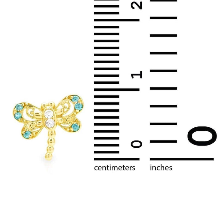 14K Yellow Gold CZ Aquamarine Dragonfly Screw Back Stud Earrings