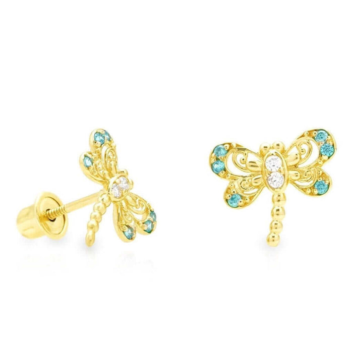 14K Yellow Gold CZ Aquamarine Dragonfly Screw Back Stud Earrings