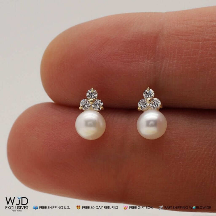 Real 14K Gold 0.30Ct CZ Cultured Pearl Ball Stud Earrings