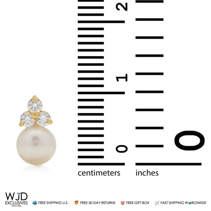 Real 14K Gold 0.30Ct CZ Cultured Pearl Ball Stud Earrings