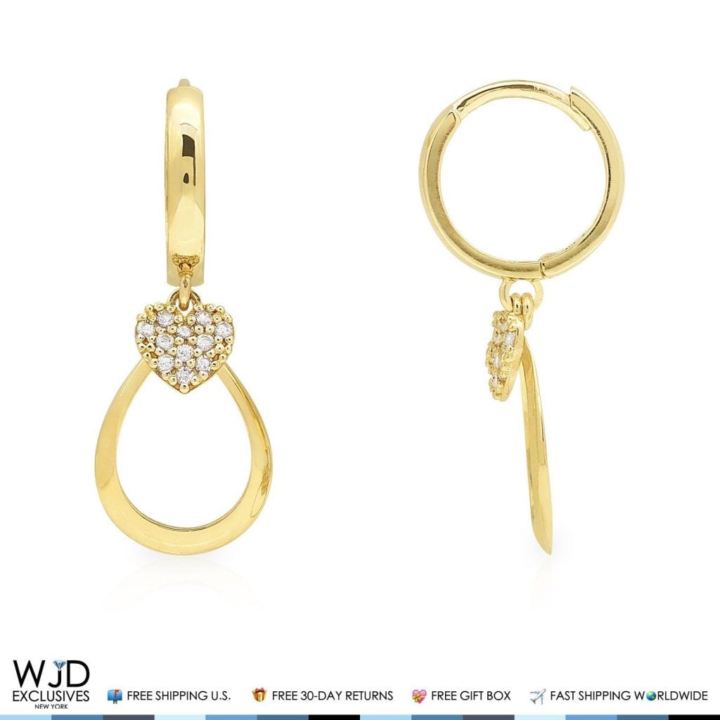14K Gold CZ Heart Teardrop Huggie Hoop  Earrings