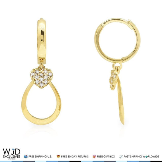 14K Gold CZ Heart Teardrop Huggie Hoop  Earrings