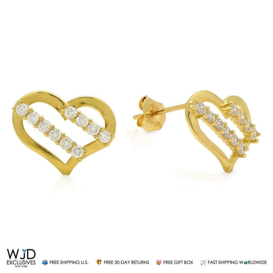 14K Yellow Gold 0.30Ct CZ Stripes Open Heart Stud Earrings 0.4"