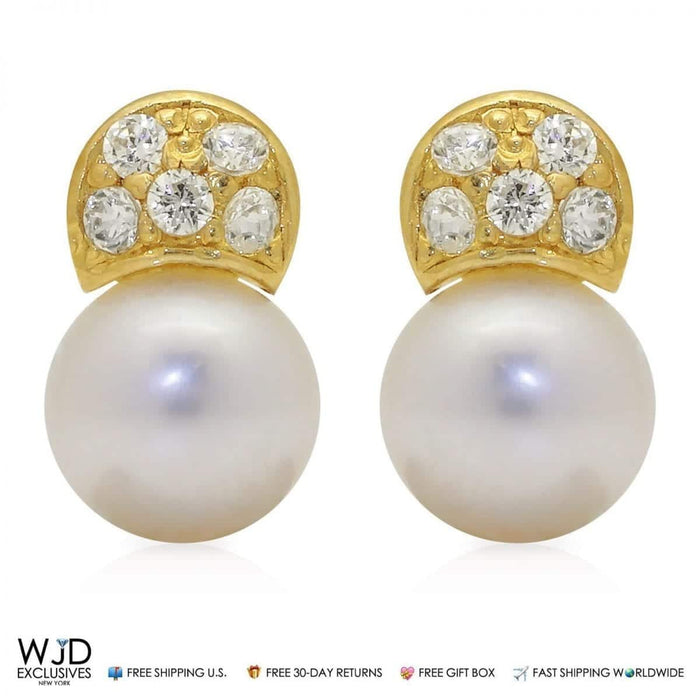 14K Yellow Gold 0.30Ct CZ & Cultured Pearl Stud Earrings