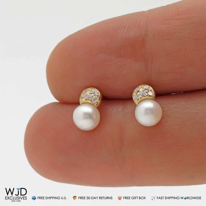 14K Yellow Gold 0.30Ct CZ & Cultured Pearl Stud Earrings