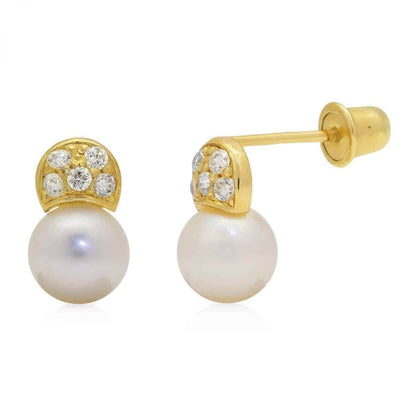 14K Yellow Gold 0.30Ct CZ & Cultured Pearl Stud Earrings