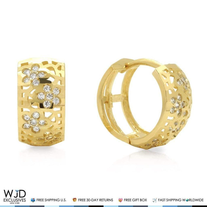 14K Yellow Gold 0.40Ct CZ Perforated Flowers Huggie Hoop Earrings